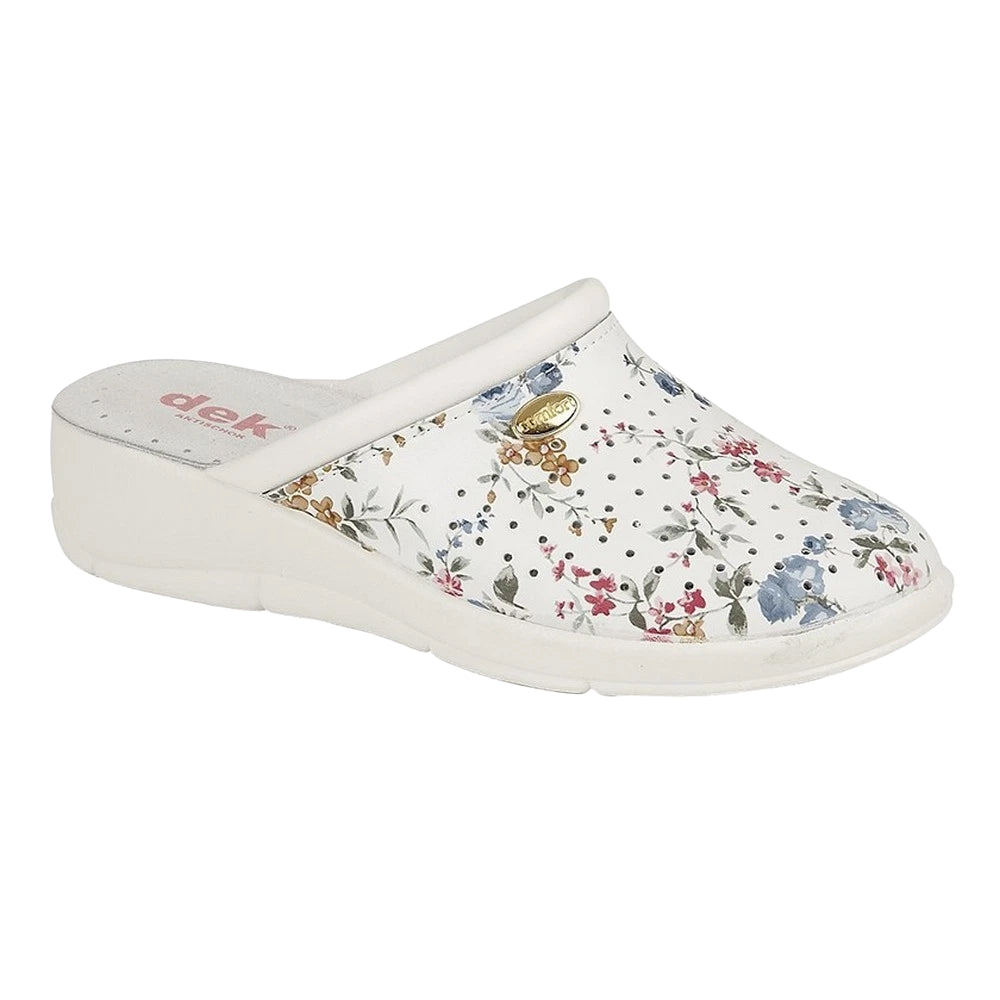 White - Front - Dek Womens-Ladies Floral Leather Clogs