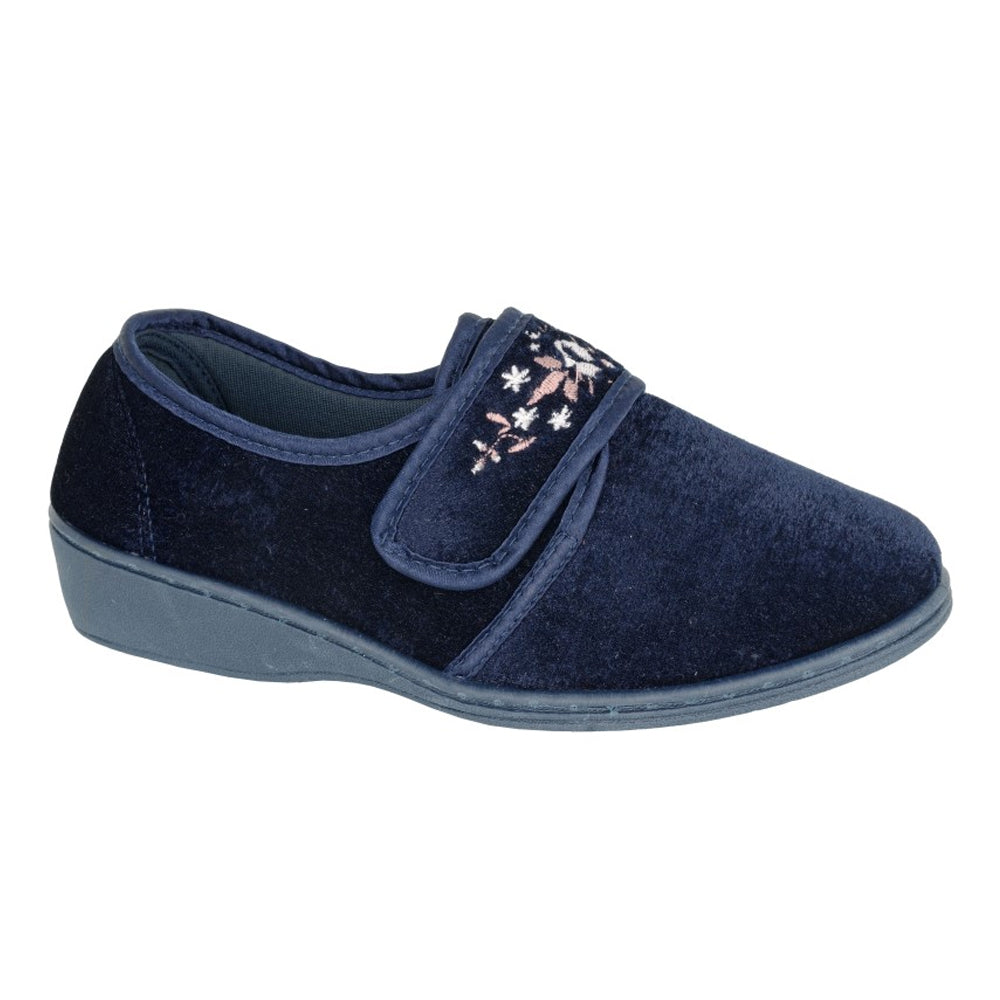 Navy - Front - Sleepers Womens-Ladies Elsie Synthetic Wide Slippers