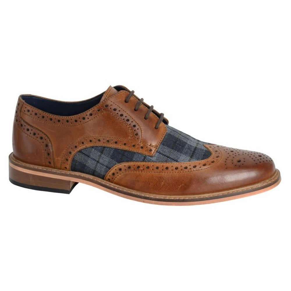 Tan - Front - Roamers Mens Tartan Leather Brogue Detailing Gibson Shoes