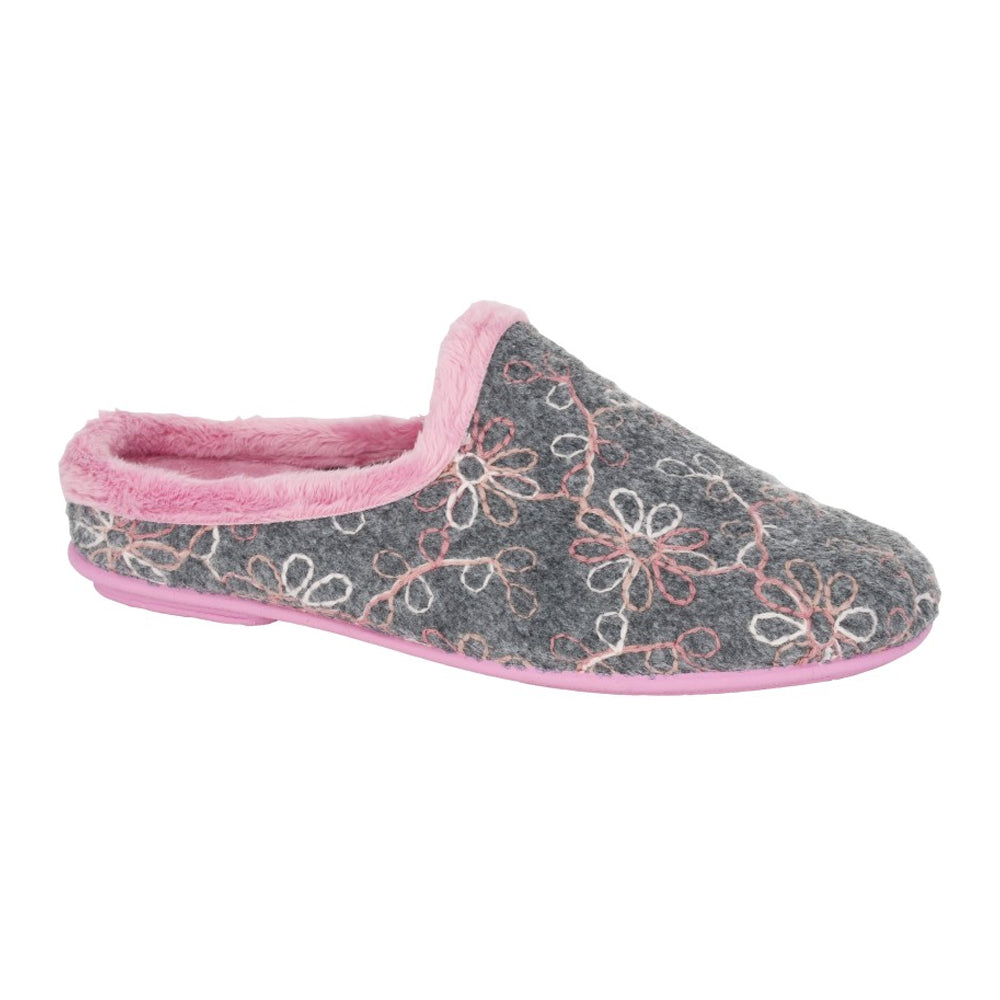 Grey - Front - Sleepers Womens-Ladies Eloise Flower Mule Slippers