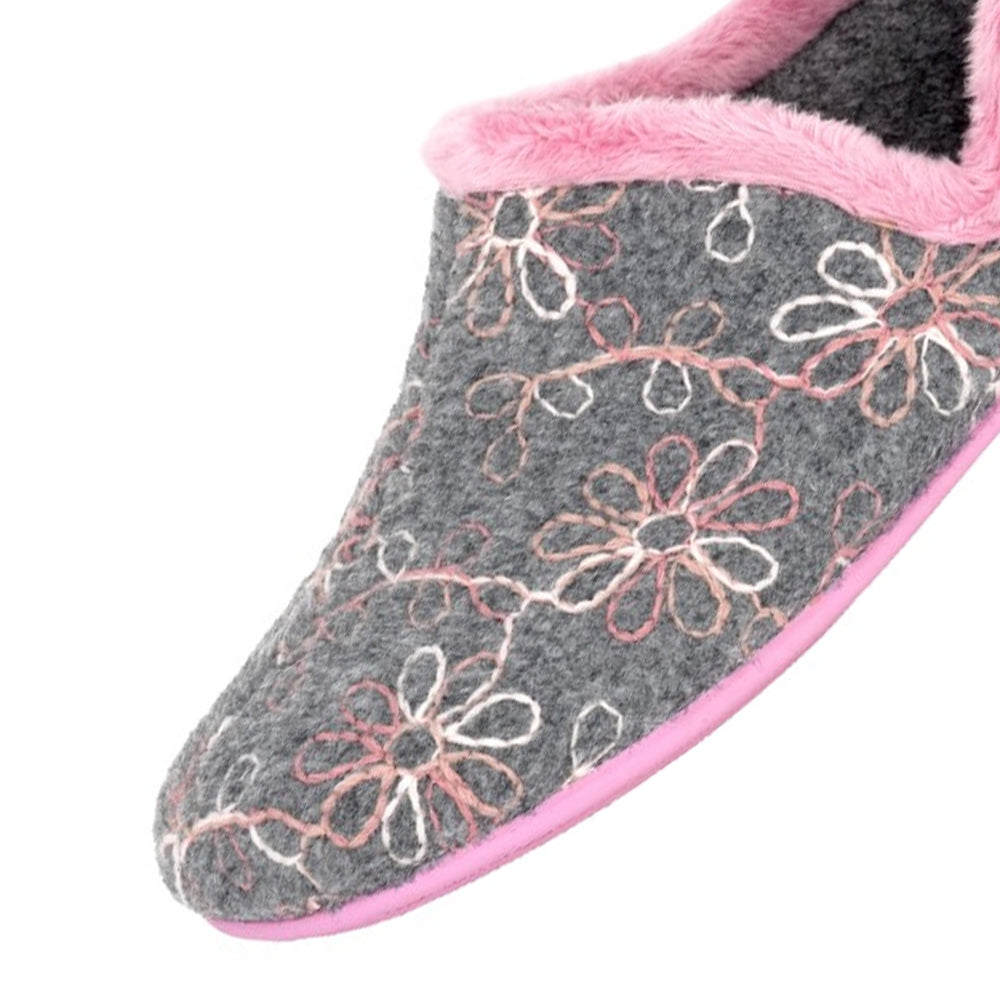 Grey - Side - Sleepers Womens-Ladies Sara Flower Slippers