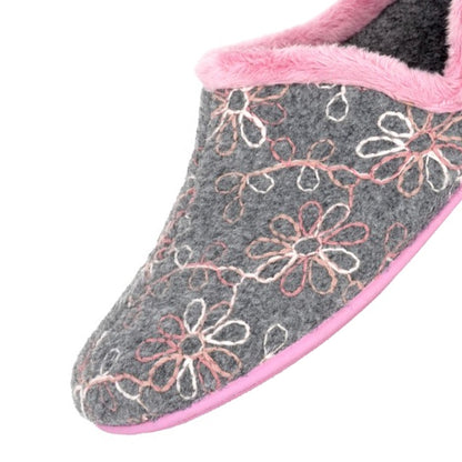 Grey - Side - Sleepers Womens-Ladies Sara Flower Slippers