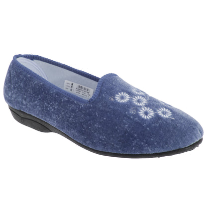 Blueberry - Front - Zedzzz Womens-Ladies Cathy Floral Embroidered Velour Slippers