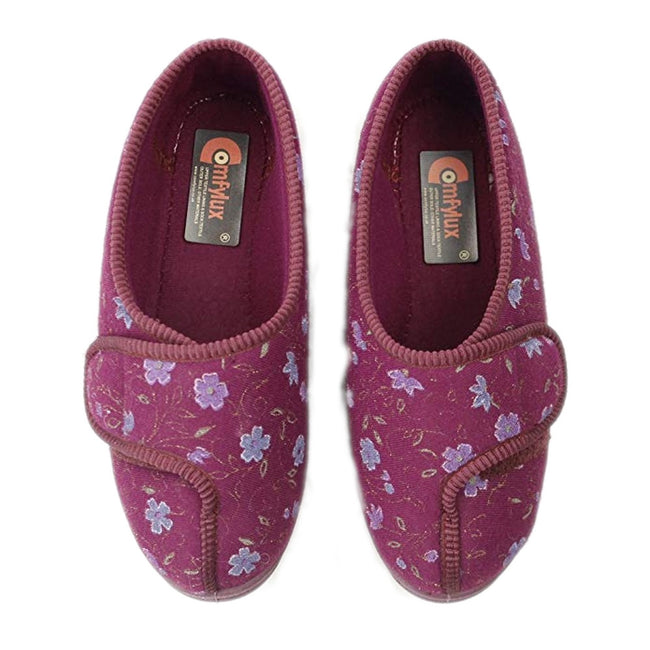 Wine - Back - Comfylux Womens-Ladies Davina Floral Superwide Slippers