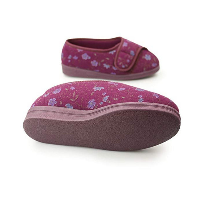 Wine - Side - Comfylux Womens-Ladies Davina Floral Superwide Slippers
