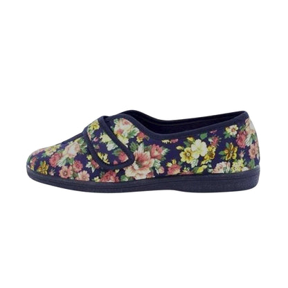 Navy Blue - Back - Sleepers Womens-Ladies Wilma Touch Fastening V Opening Floral Casual Cotton Slippers