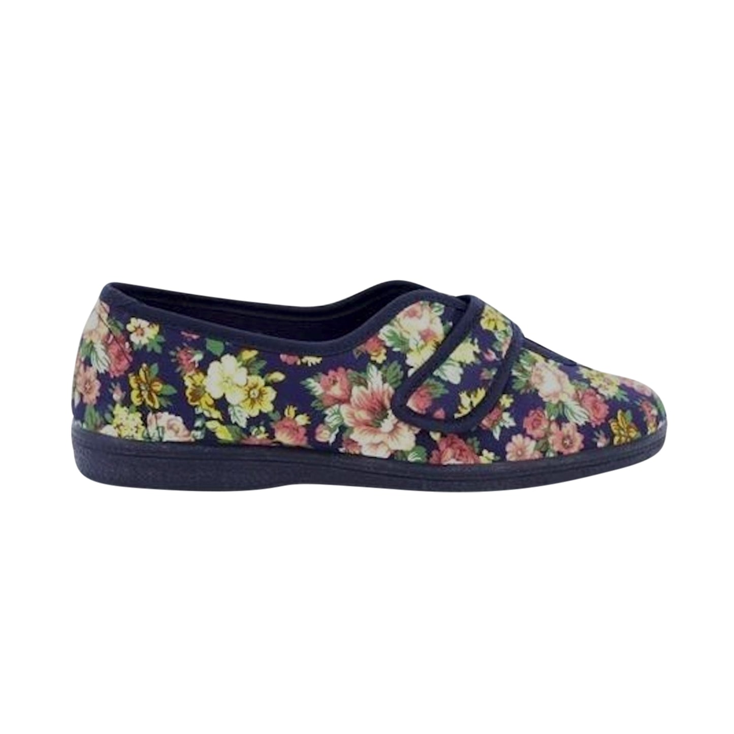 Navy Blue - Side - Sleepers Womens-Ladies Wilma Touch Fastening V Opening Floral Casual Cotton Slippers
