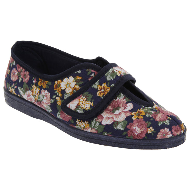 Navy Blue - Front - Sleepers Womens-Ladies Wilma Touch Fastening V Opening Floral Casual Cotton Slippers