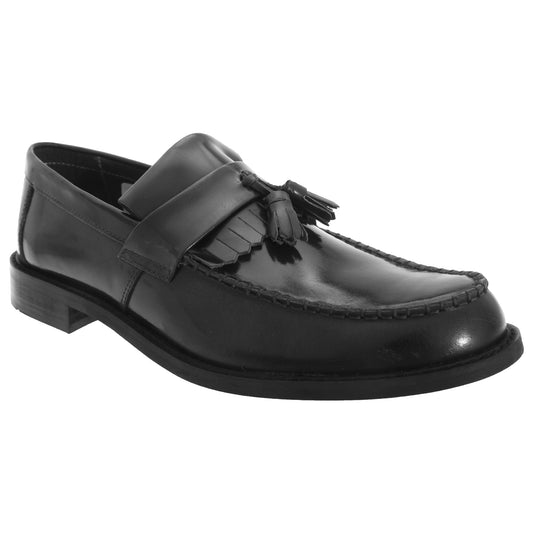Black - Front - Roamers Mens Toggle Saddle Hi-Shine Leather Loafers