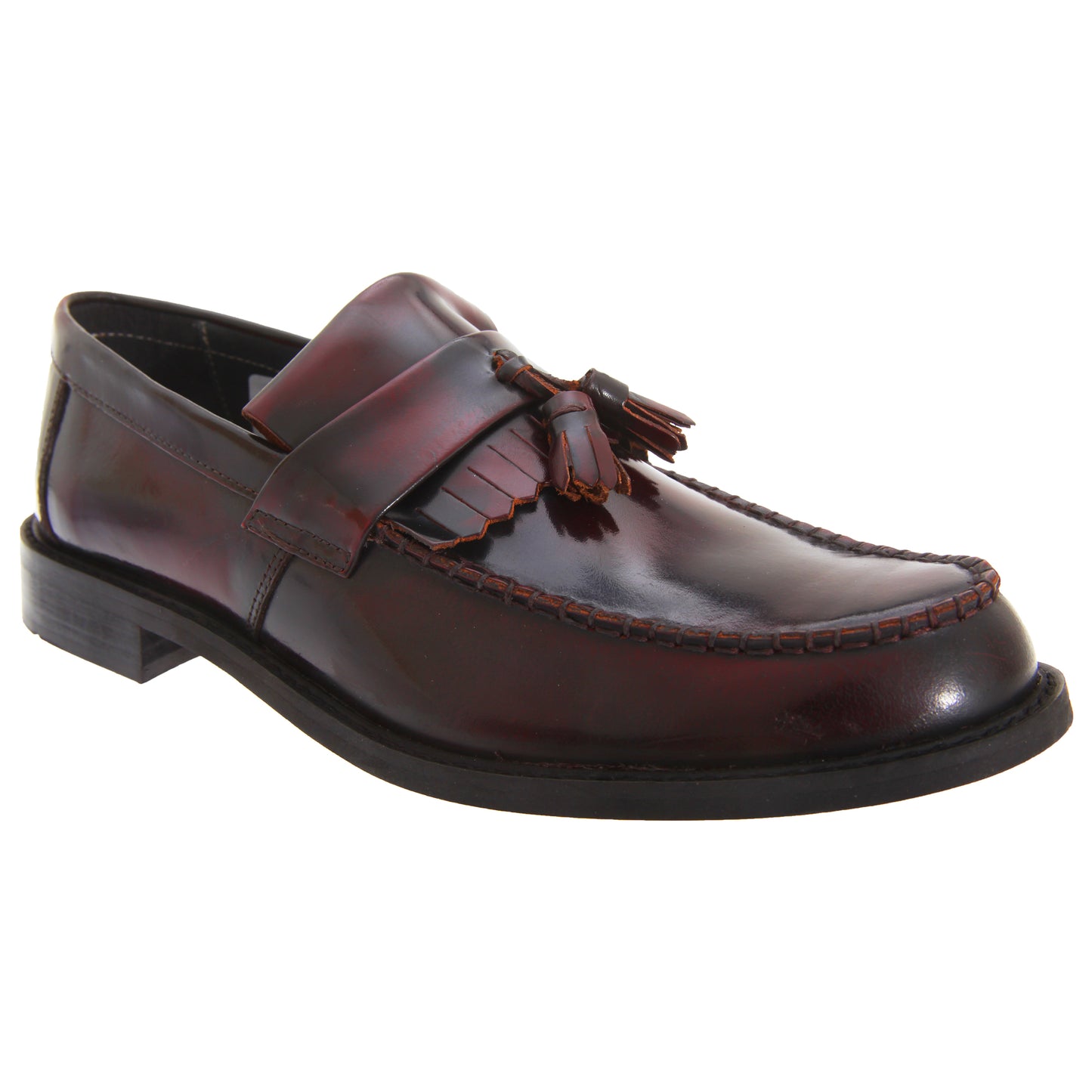 Oxblood - Front - Roamers Mens Toggle Saddle Hi-Shine Leather Loafers