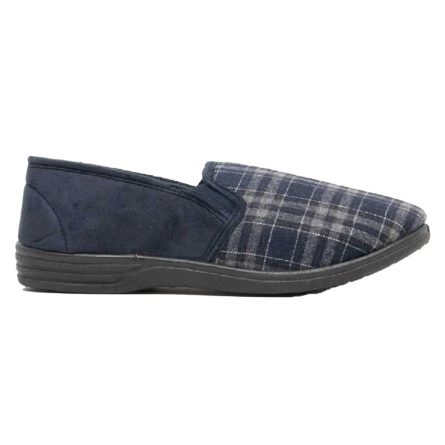 Navy Blue - Side - Zedzzz Mens Harley Check Felt Gusset Slippers