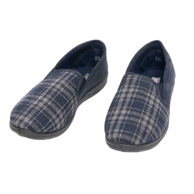 Navy Blue - Close up - Zedzzz Mens Harley Check Felt Gusset Slippers