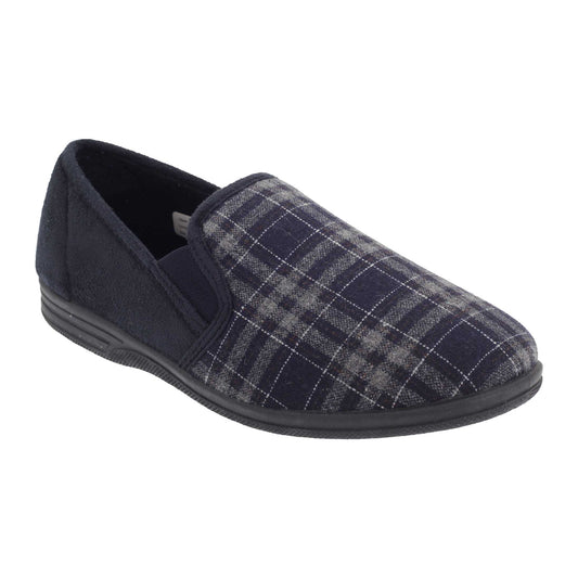 Navy Blue - Front - Zedzzz Mens Harley Check Felt Gusset Slippers