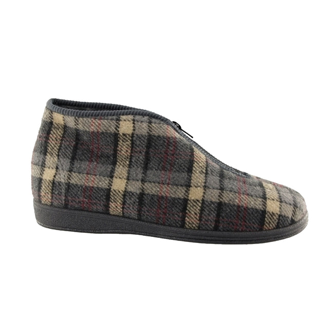 Grey - Back - Sleepers Mens Jed II Thermal Zip Check Bootee Slippers