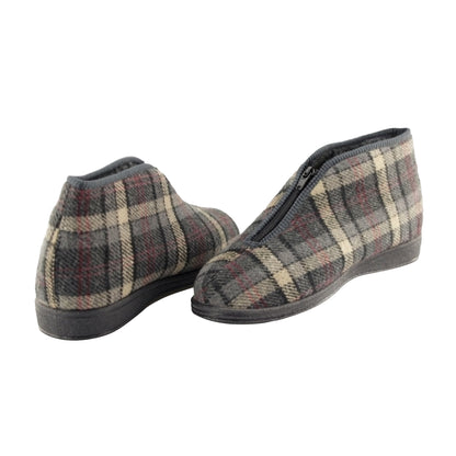 Grey - Pack Shot - Sleepers Mens Jed II Thermal Zip Check Bootee Slippers