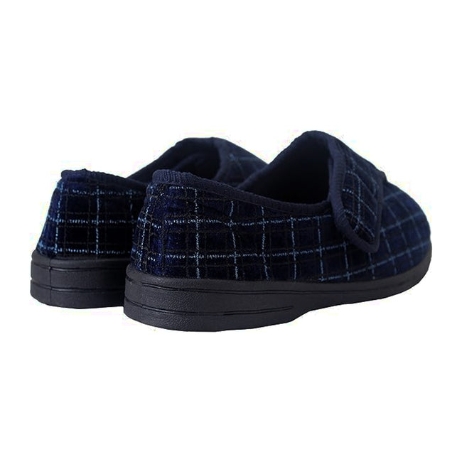 Navy Blue - Side - Zedzzz Mens George Touch Fastening Check Velour Slippers