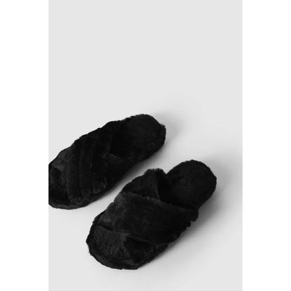 Black - Back - Debenhams Womens-Ladies Crossover Fluffy Slippers