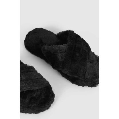 Black - Side - Debenhams Womens-Ladies Crossover Fluffy Slippers