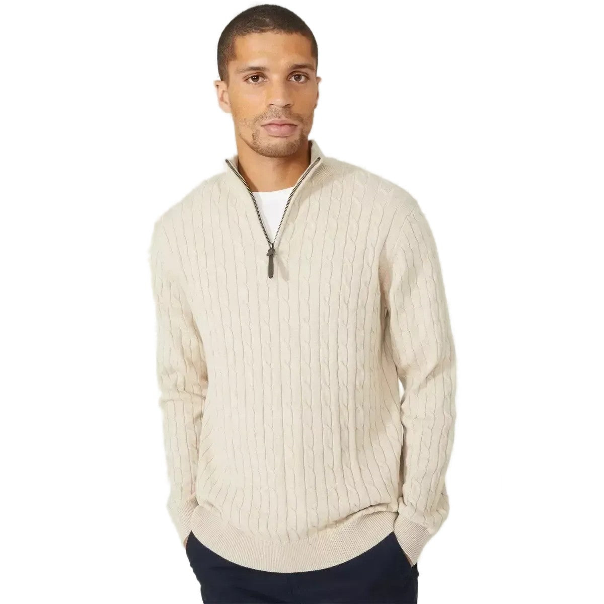 Stone - Front - Maine Mens Cable Cotton Half Zip Jumper