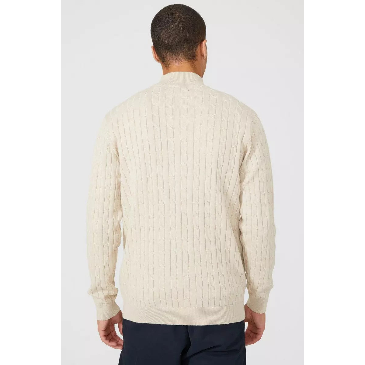 Stone - Back - Maine Mens Cable Cotton Half Zip Jumper
