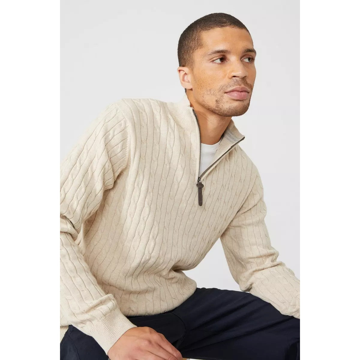 Stone - Side - Maine Mens Cable Cotton Half Zip Jumper