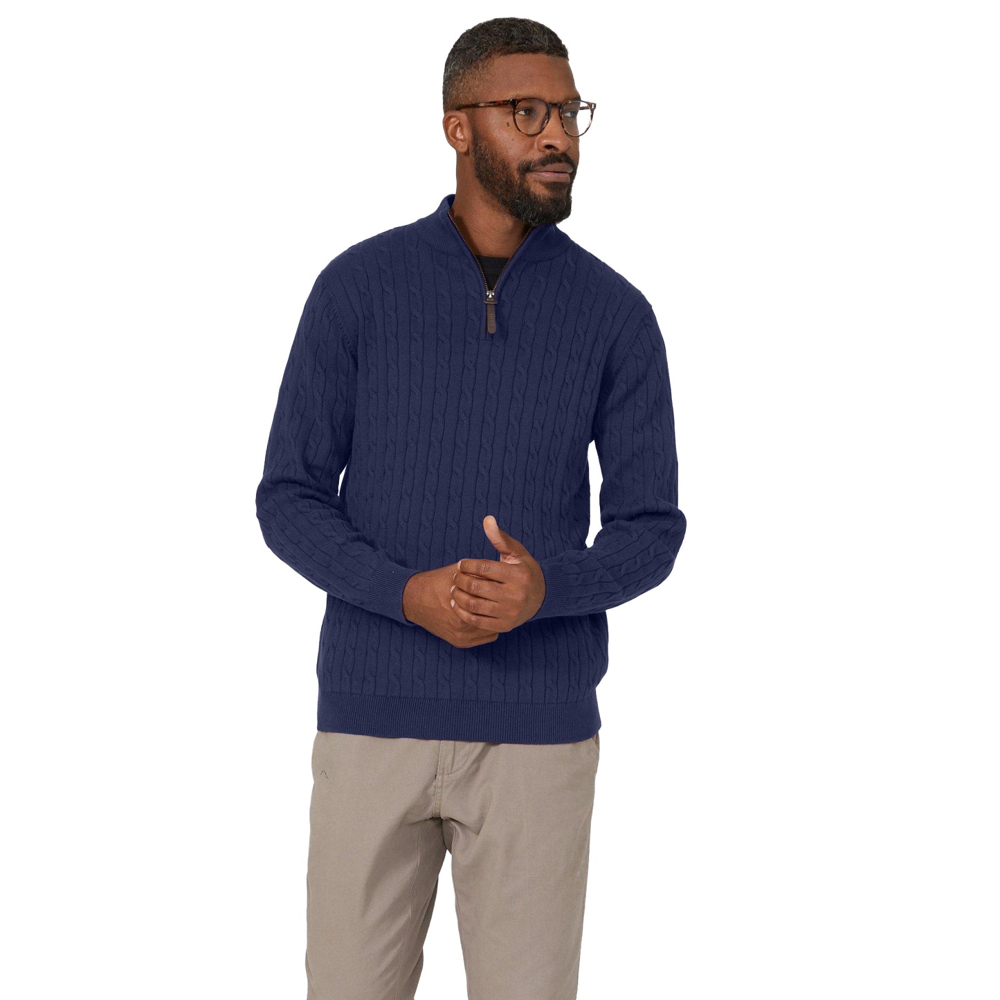 Navy - Front - Maine Mens Cable Cotton Half Zip Jumper