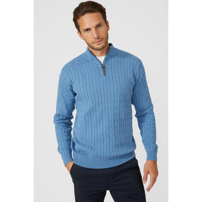 Mid Blue - Front - Maine Mens Cable Cotton Half Zip Jumper