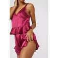 Raspberry - Side - Debenhams Womens-Ladies Satin Frill Short Pyjama Set