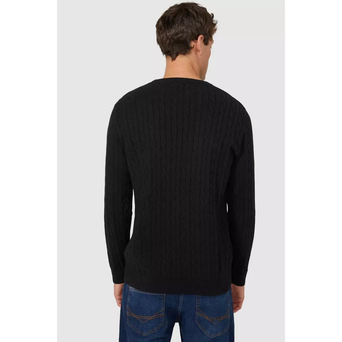 Black - Back - Maine Mens Cable Cotton Crew Neck Sweatshirt