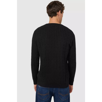 Black - Back - Maine Mens Cable Cotton Crew Neck Sweatshirt