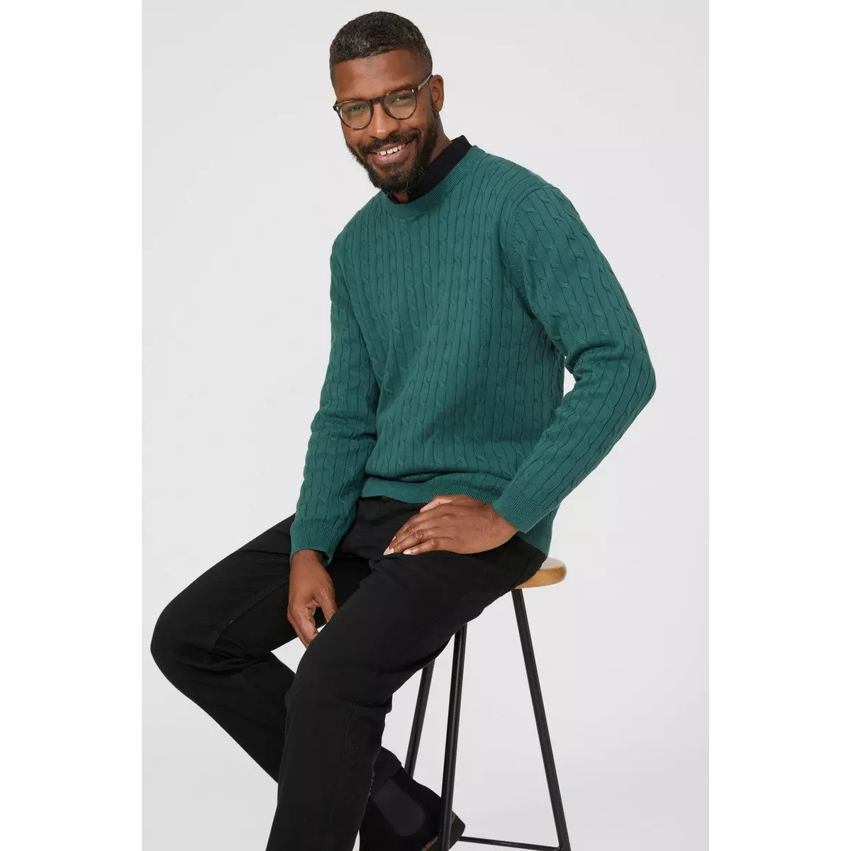 Dark Green - Lifestyle - Maine Mens Cable Cotton Crew Neck Sweatshirt