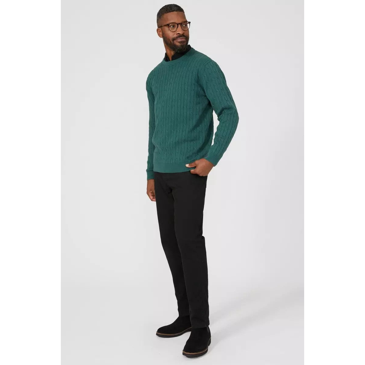 Dark Green - Pack Shot - Maine Mens Cable Cotton Crew Neck Sweatshirt