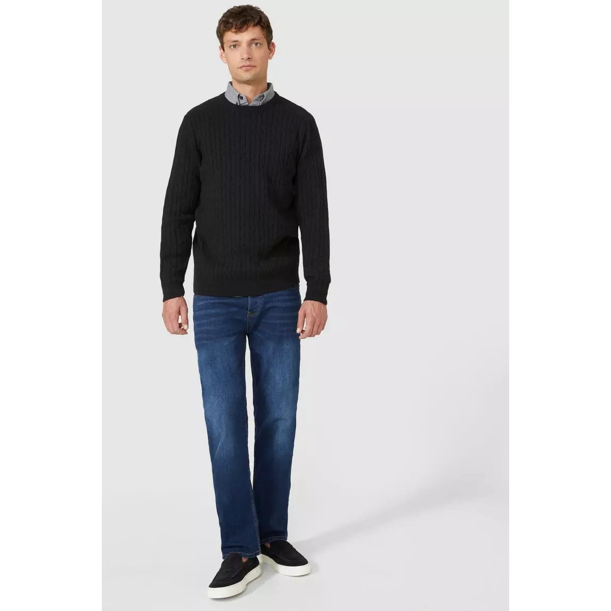 Black - Lifestyle - Maine Mens Cable Cotton Crew Neck Sweatshirt