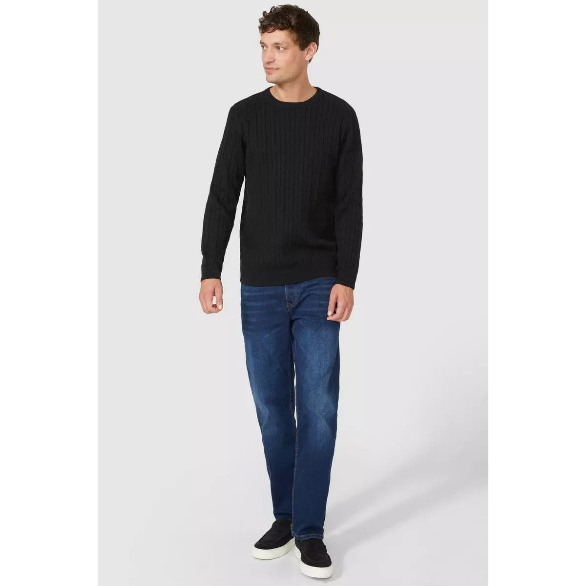 Black - Pack Shot - Maine Mens Cable Cotton Crew Neck Sweatshirt