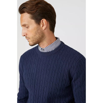 Navy - Side - Maine Mens Cable Cotton Crew Neck Sweatshirt
