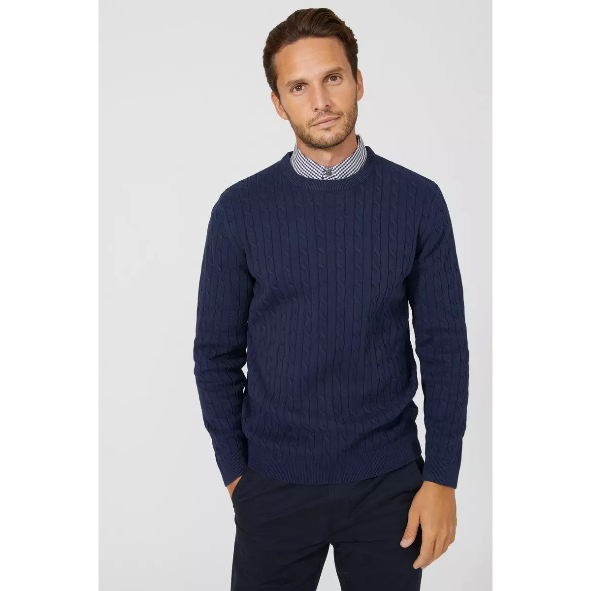 Navy - Lifestyle - Maine Mens Cable Cotton Crew Neck Sweatshirt