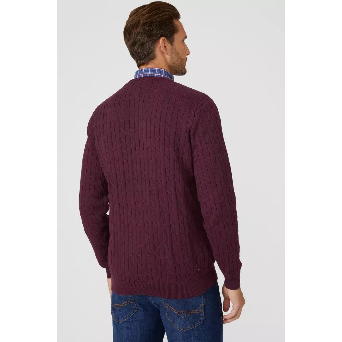 Burgundy - Back - Maine Mens Cable Cotton Crew Neck Sweatshirt