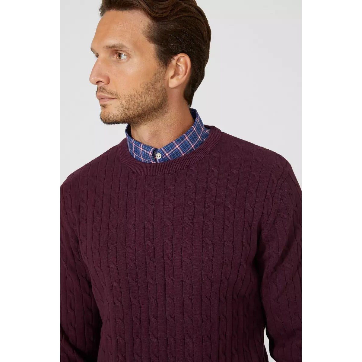 Burgundy - Side - Maine Mens Cable Cotton Crew Neck Sweatshirt