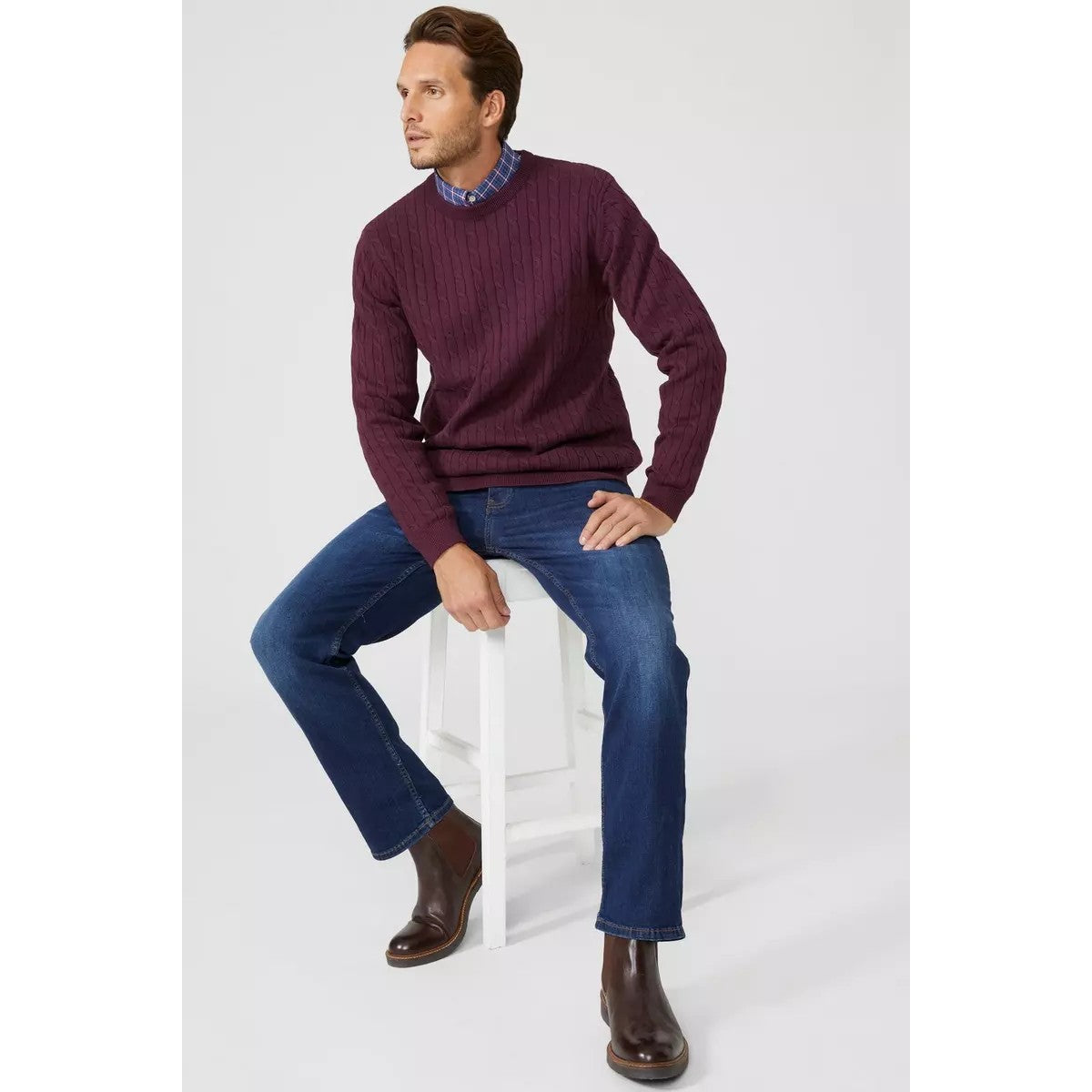 Burgundy - Lifestyle - Maine Mens Cable Cotton Crew Neck Sweatshirt
