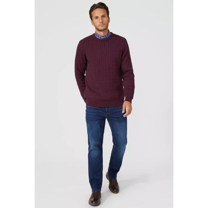 Burgundy - Pack Shot - Maine Mens Cable Cotton Crew Neck Sweatshirt