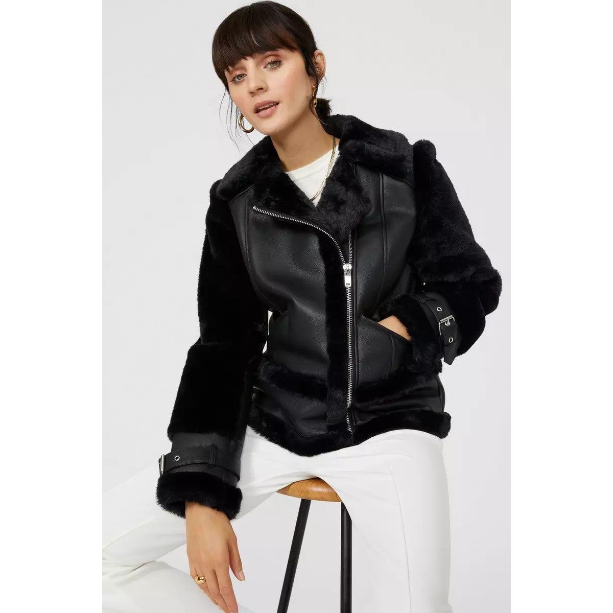 Black - Side - Principles Womens-Ladies Adjustable Cuff Flight Jacket