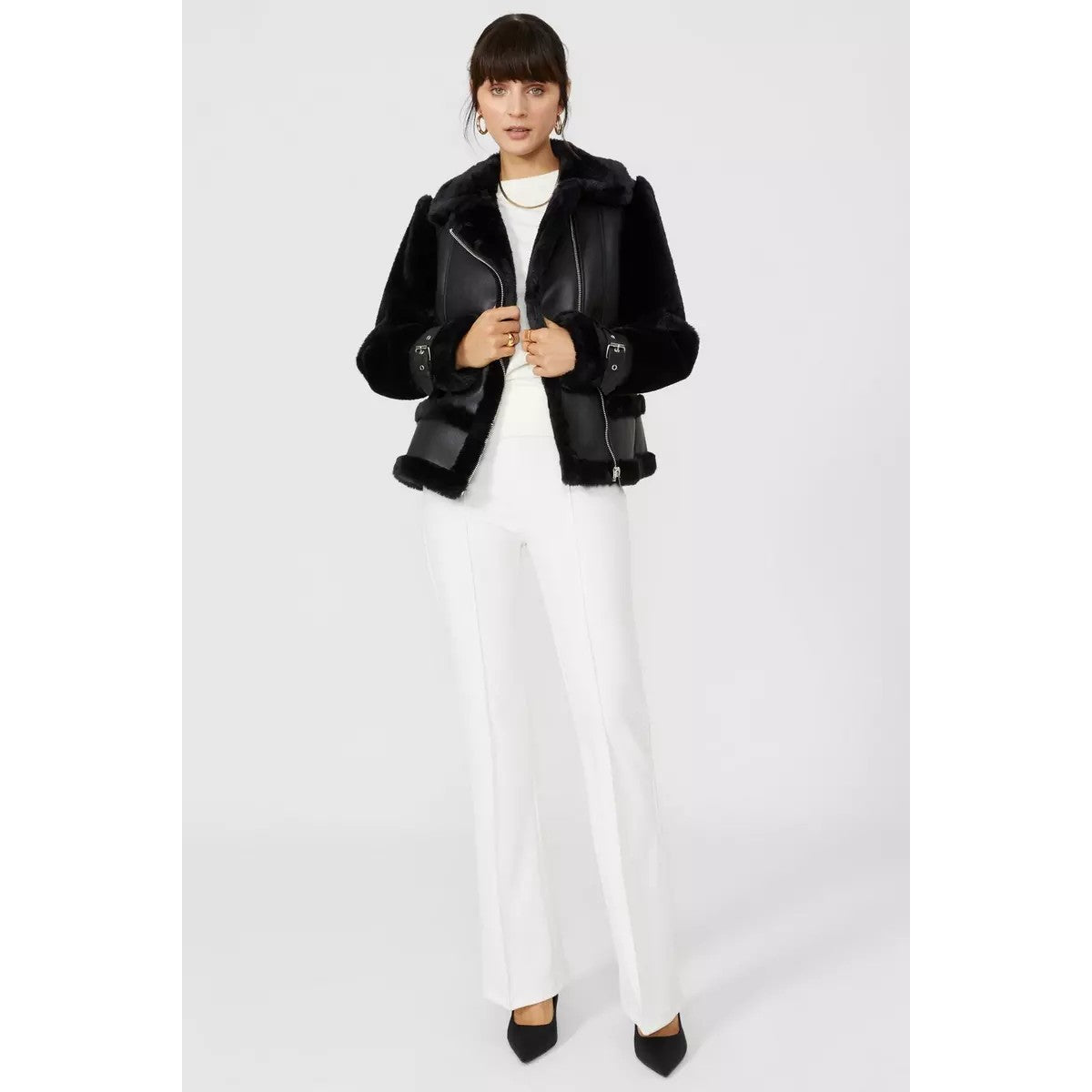 Black - Lifestyle - Principles Womens-Ladies Adjustable Cuff Flight Jacket