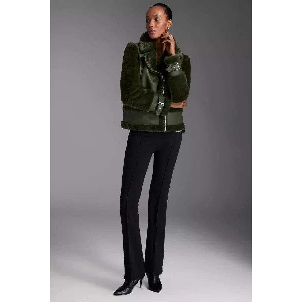 Khaki - Side - Principles Womens-Ladies Adjustable Cuff Flight Jacket