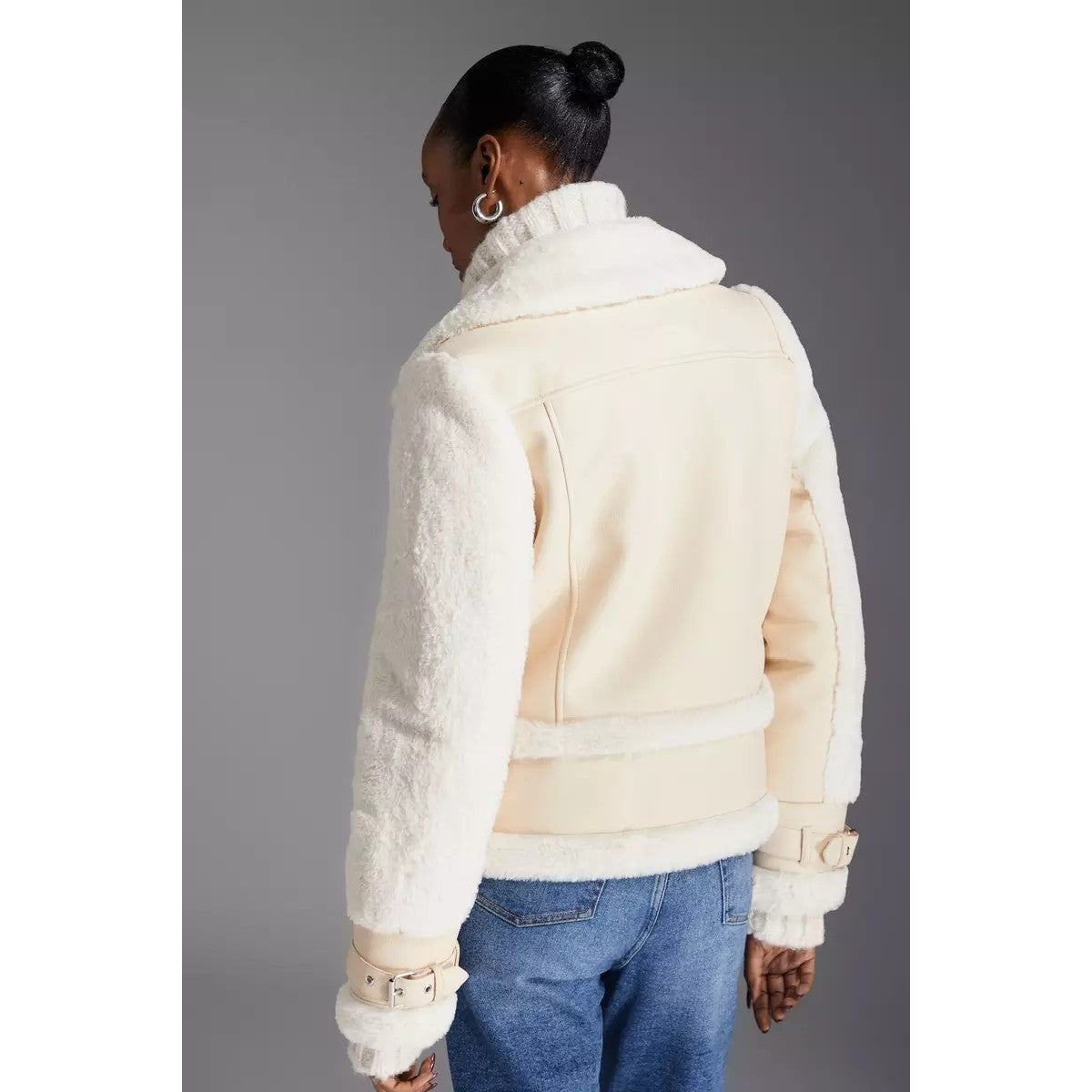 Cream - Back - Principles Womens-Ladies Adjustable Cuff Flight Jacket