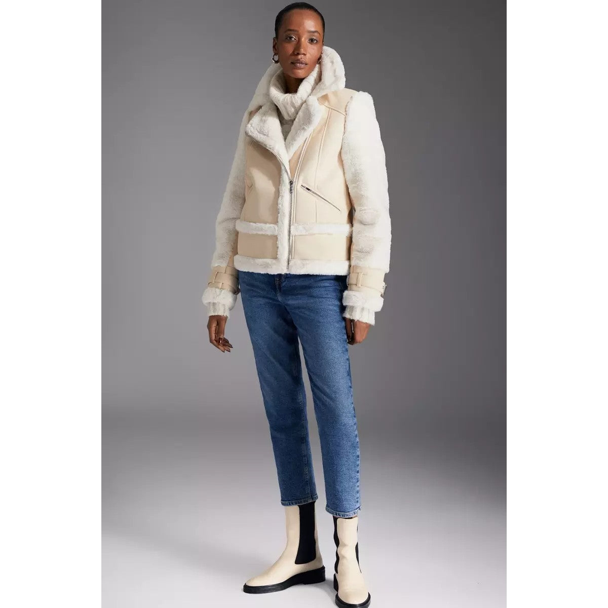 Cream - Side - Principles Womens-Ladies Adjustable Cuff Flight Jacket