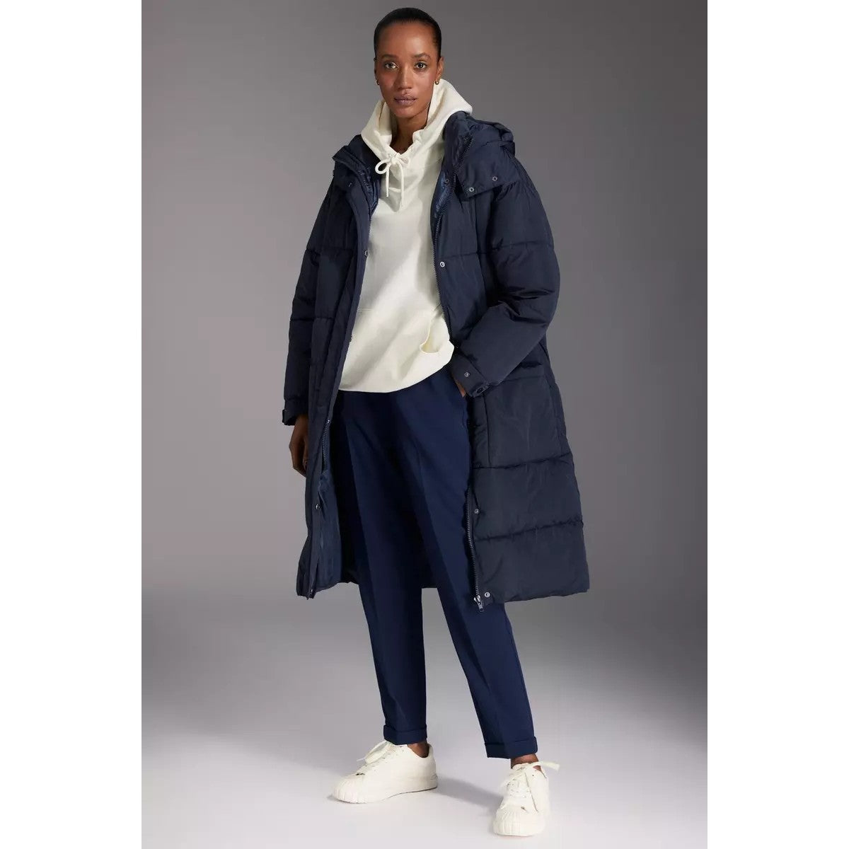 Navy - Pack Shot - Principles Womens-Ladies Belted Padded Longline Coat