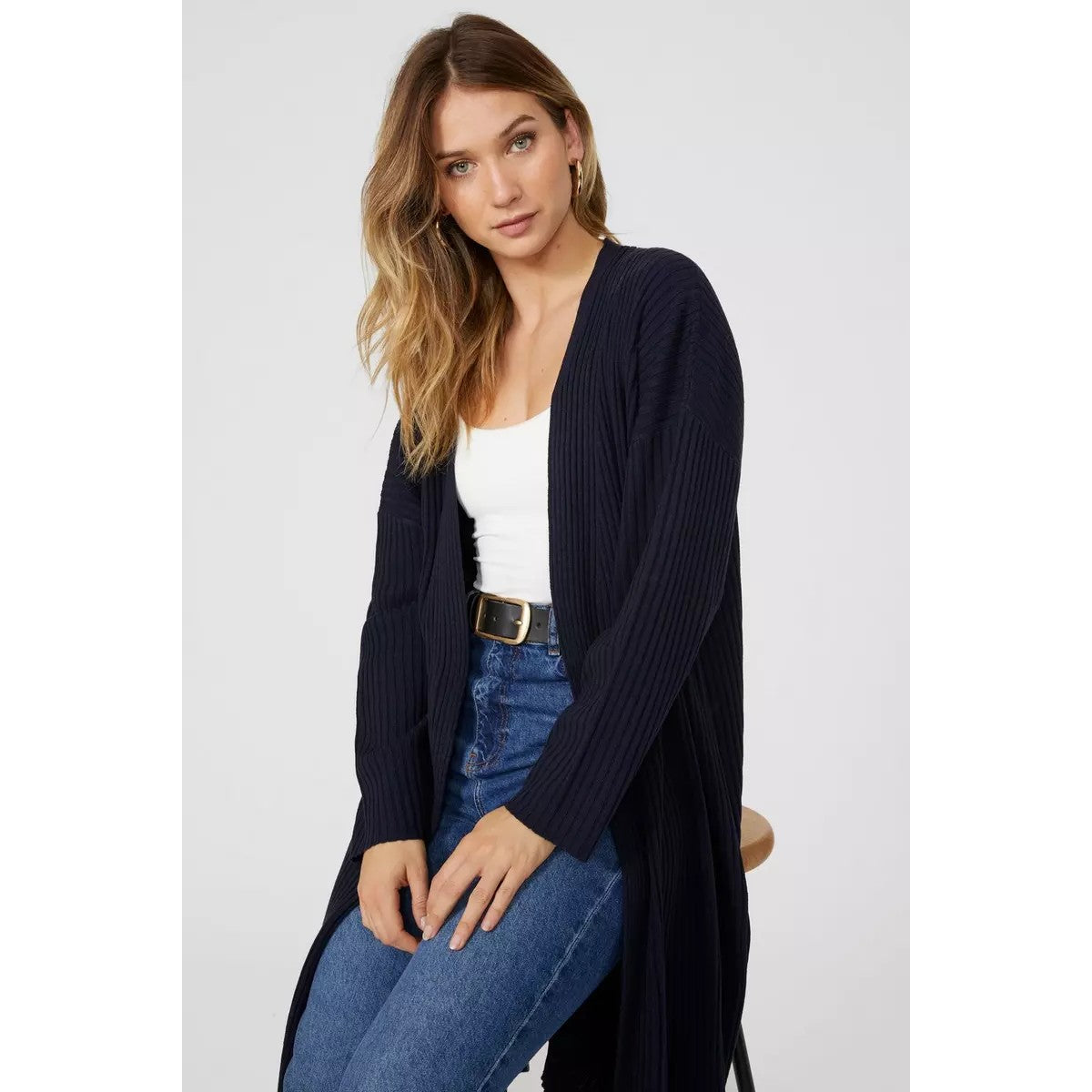 Navy - Pack Shot - Principles Womens-Ladies Ribbed Longline Cardigan