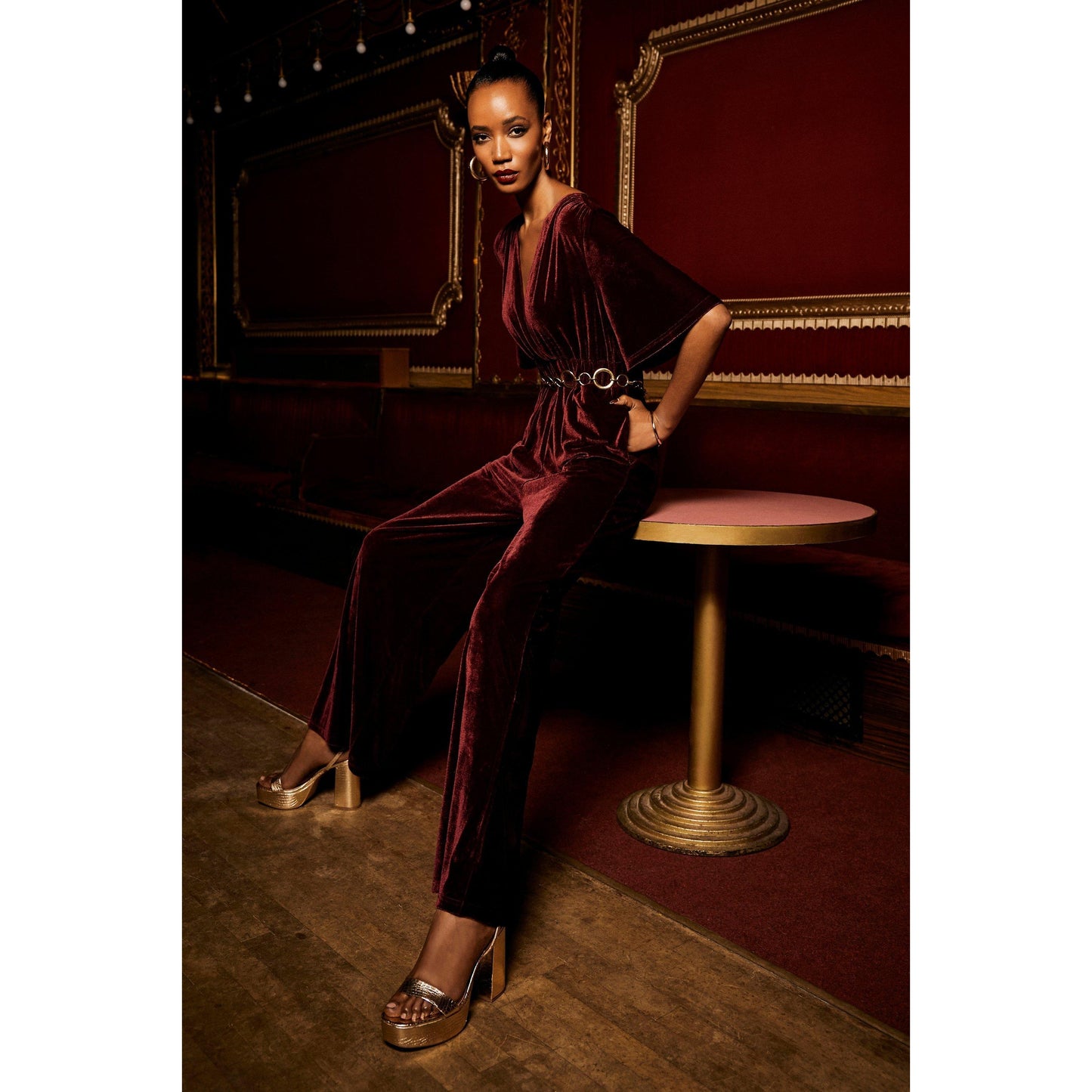 Berry - Front - Principles Womens-Ladies Velvet V Neck Jumpsuit