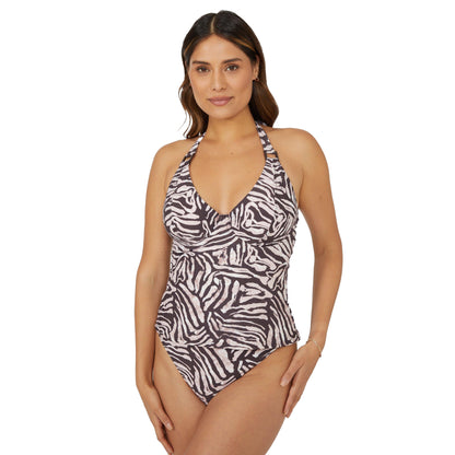 Brown-Pink - Front - Gorgeous Womens-Ladies Zebra Print Non-Padded Tankini Top