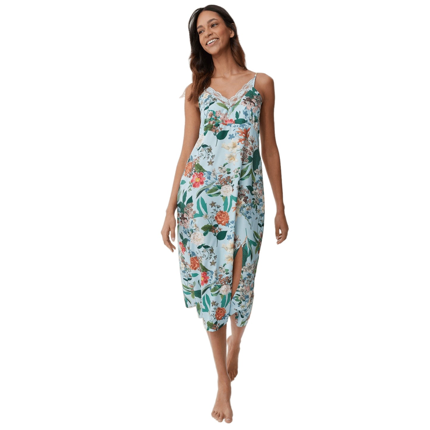 Blue-Green - Front - Debenhams Womens-Ladies Botanical Floral Woven Nightie